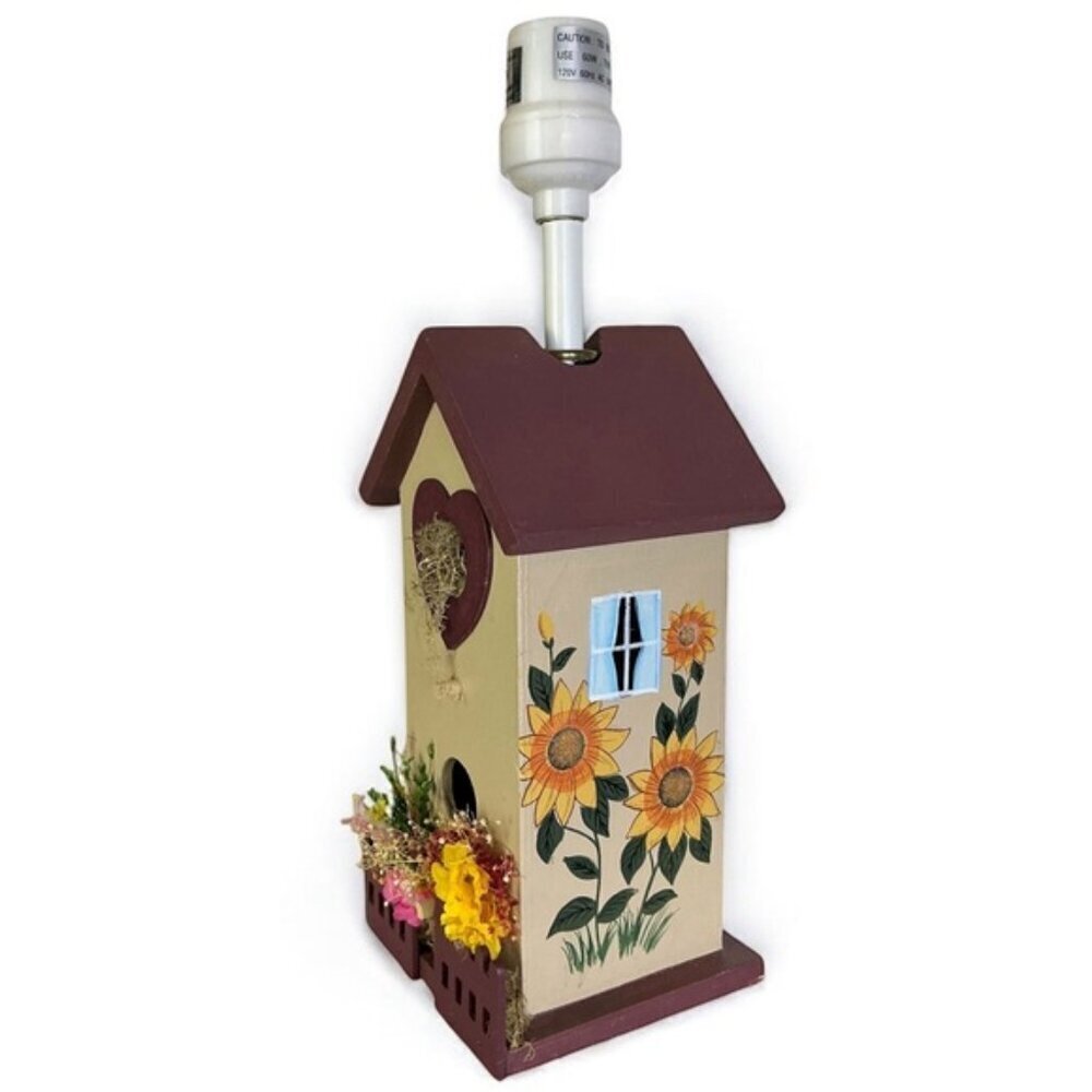 Birdhouse Table Lamp Sunflower Rustic Wood Hand Crafted Tan Country Barn Red - Picture 15 of 15